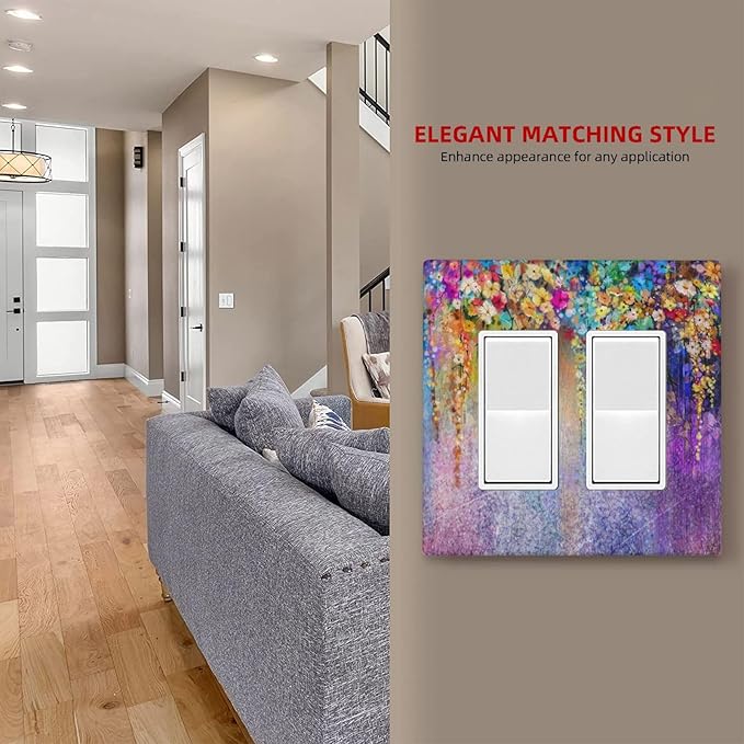 Colorful Floral Watercolor Flower 2 Gang Rocker Decora Light Switch Cover Decorative Purple Outlet Covers Wall Plate Electrical Faceplate Switchcovers GFCI for Farmhouse Bathroom Bedroom Decor