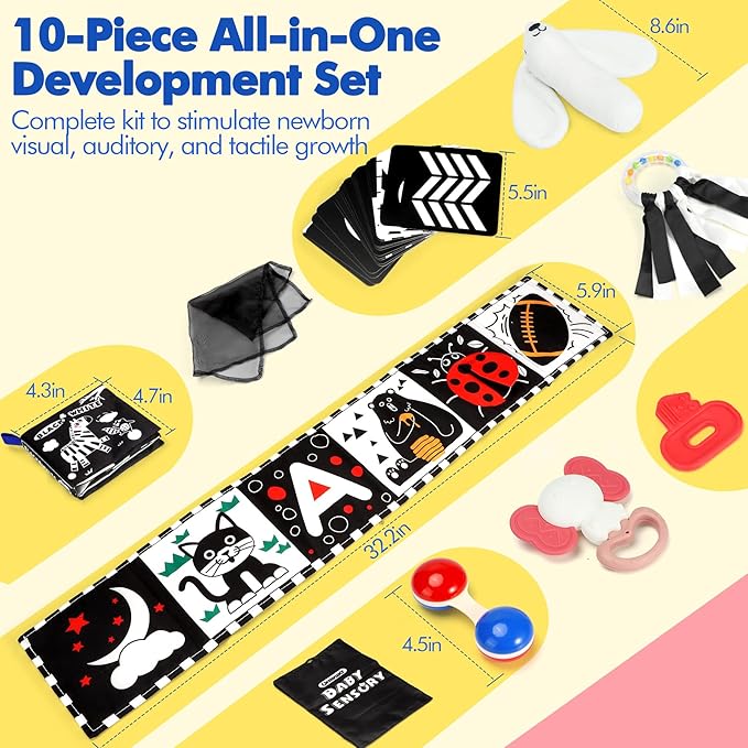 URMYWO 10 Pcs High Contrast Black and White Baby Toys for Newborn, Tummy Time Mirror, Rattle, Teether, Visual Stimulation Learning Cards, Sensory Toys for 0-6 Months, Baby Boy Girl Gift