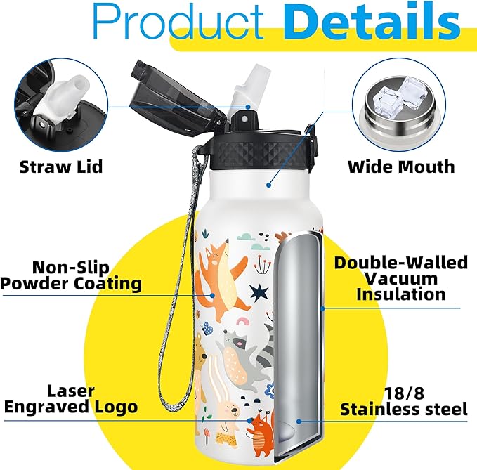 Han's Bottle Kids Water Bottle with Straw Lid - Insulated Stainless Steel Reusable Tumbler for Girls,Boys,Thermo Mug,17oz,Forest Animals