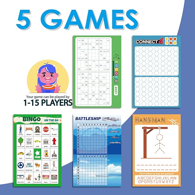 GRANDLMOON 5 Portable Travel Game Activities Pad On The Go Plane Trip Pen Pencil and Paper Game for Teens 6 x 9-inches (75 Sheets) Version 2