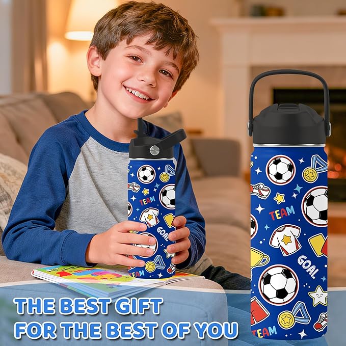 Soccer Gifts for Kids - 18 Oz Kids Water Bottle with Straw Lid, Stainless Steel Insulated Tumbler, Leak Proof, BPA-Free, for Girls, School, Travel - Soccer Lovers Children Birthday Gifts Cups(1pc)