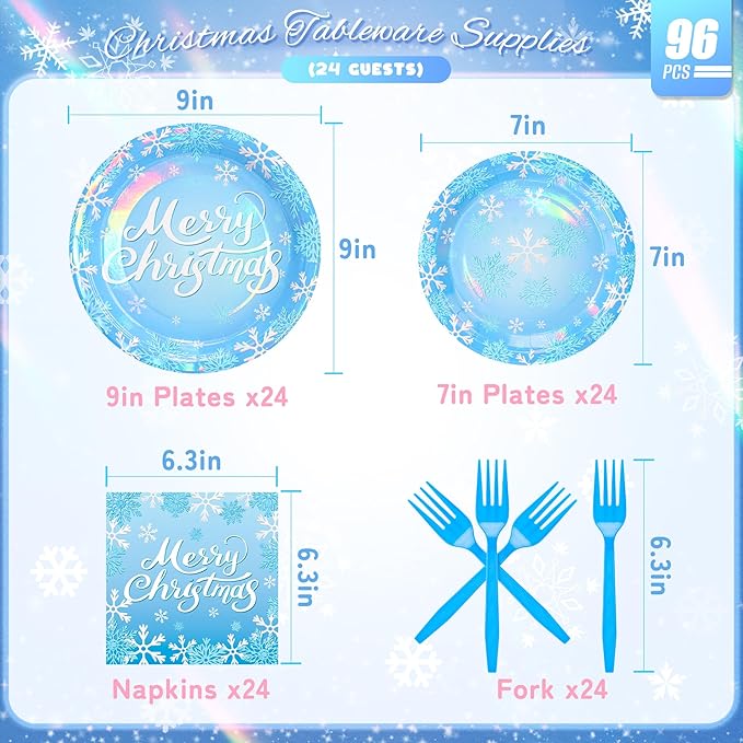 96PCS Blue Christmas Plates Napkins Forks for Party Decorations, Set of 24 Snowflakes Merry Christmas Disposable Tableware Supplies, Blue White Paper Plates for Winter Xmas Party