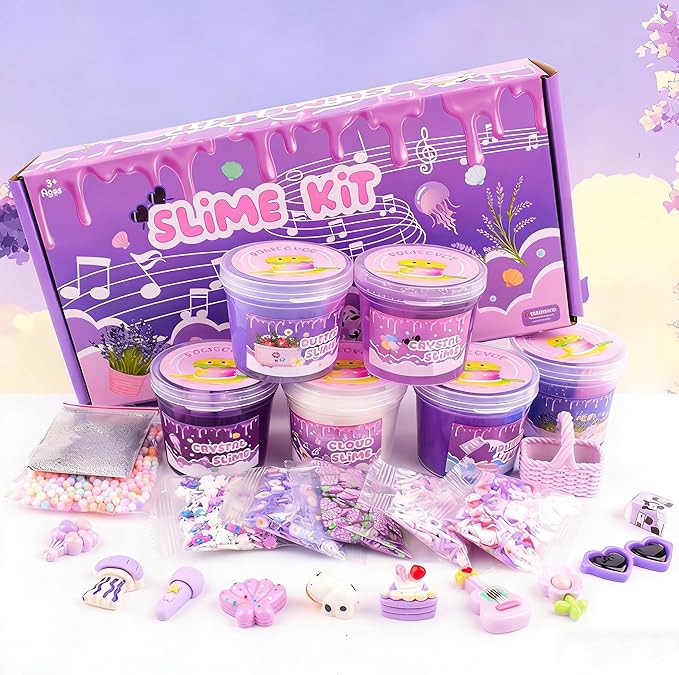 6 Pack Slime Kit, Purple Dream Slime Kids, Cloud Butter & Clear Slime, Party Favors, Toys for Girls Boys Ages 5 6 7 8 9 10 11 12, Goodie Bag Stuffers, Birthday Gift Ideas Cute Stuff