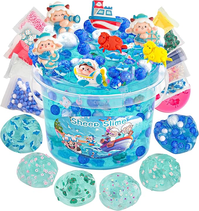 LAWOHO 300ml Ocean Clear Slime with Clay, Blue Slime Kit for Girls & Boys with 11 Packs Ocean Add-Ins for Kids Party Favors, Non Stick Sheep Clear Slimes for Birthday Halloween Christmas Easter Gifts
