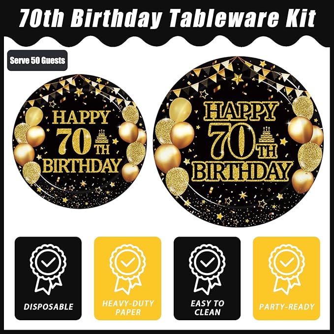Kepeel 200Pcs 70th Birthday Party Tableware Set, Back in 1956 Birthday Party Decorations Supplies for Men Women Cheers to 70 Years Disposable Paper Plates Napkins Forks Favors, Serve 50
