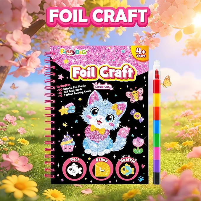 FUNNYB&G Foil Art Crafts for Kids Ages 4-8: Easter Basket Stuffers for Kids 2026, Easter Gifts for Girls, Crafts Supplies,Party Favors,Creative Toys for Girls 4 5 6 7 8 Years Old(Little Cat)