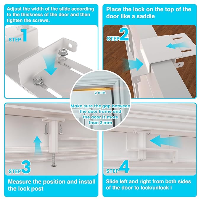 Adjustable Child Safety Door Top Lock｜Metal Child Proof Door Top Lock for Interior&Exterior&French Door｜Lock & Unlock from Either Sides｜for Childproofing｜Sliding Door Lock for Kids Safety｜White