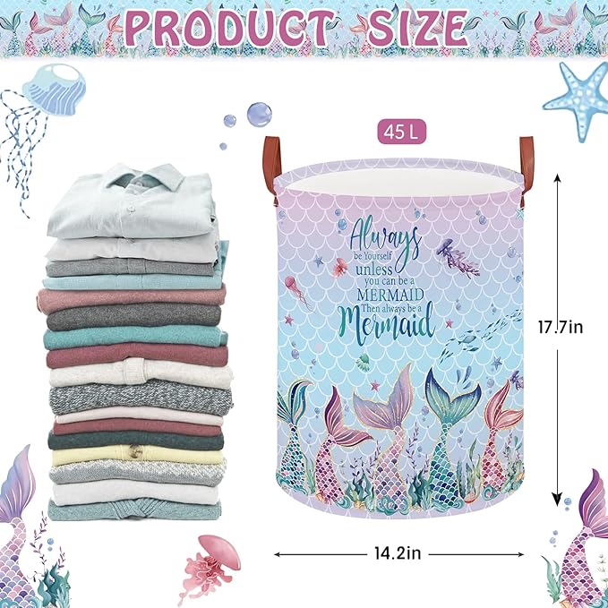 Mermaid Room Decor Kids Laundry Basket,Pink Ocean Baby Girls Laundry Hamper, Under The Sea Kids Clothes Hamper Storage Box, Cute Beach Towel Pool Toy Bin (Mermaid)