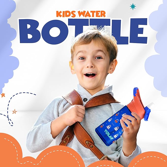 YOLAY 15oz Kids Water Bottle For School Boys and Girls, Durable Toddler Water Bottle with Straw Lid Leak-Proof, Spill Proof, Easy Clean and Dishwasher Safe with Re-Usable and BPA Free - Robo