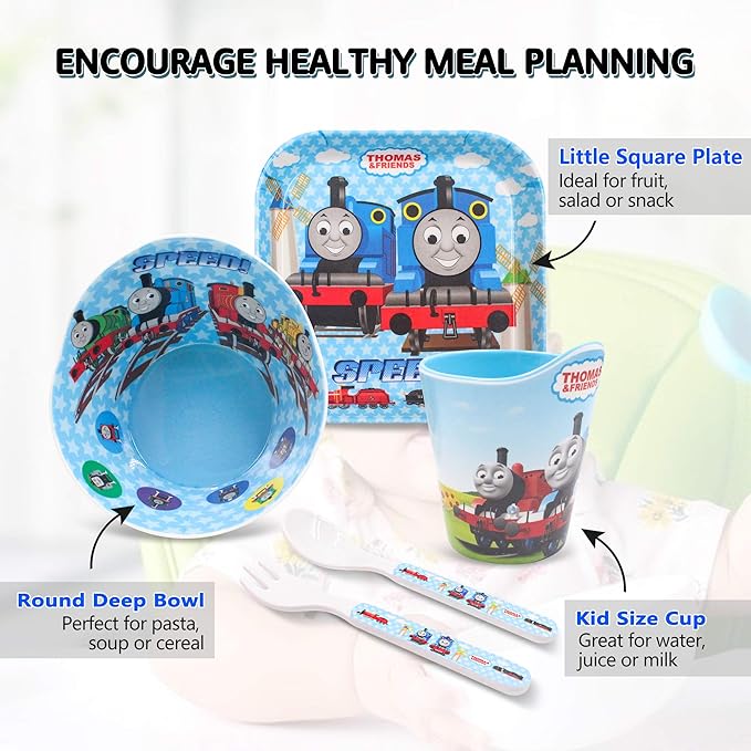 Thomas Transport Fans 5 Pcs Set Cartoon Durable Tableware Meal Dishes Mealtime Food Feeding Eating Set includes Dinner Serving Bowl Plate Cup with a Matching Spoon and Fork
