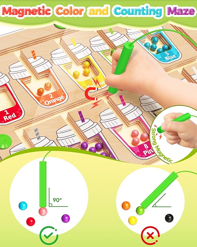 Kidific Magnetic Color and Number Maze, Montessori Toys for 2 3 4 Year Old, Wooden Color Matching Puzzle Board, Preschool Learning Activities for Ages 2-4 for Girls Boys Birthday Gifts - Coffee Cups