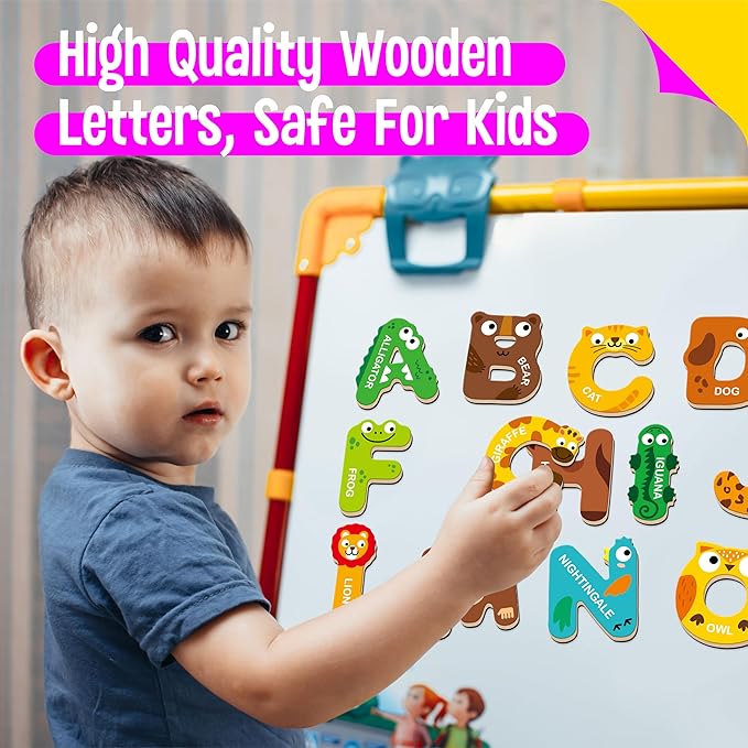 26 Magnetic Wooden Letters, Cute Animal Alphabet ABC Wood Magnets for Fridge Colorful Uppercase Animals Toys Set Educational Spelling Learning Games for Kids, Toddlers 3 4 5 Years Old