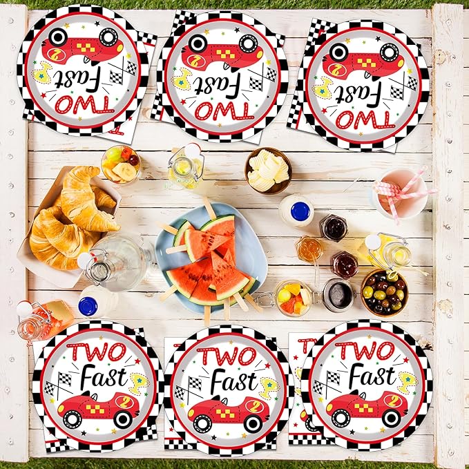 48Pcs Two Fast Plates and Napkins Two Years Old Birthday Party Decorations set Race Car 2nd Party Supplies Racing 2 fast Birthday Racing Sports Themed Disposable Tableware for Kids Boys Serves 24