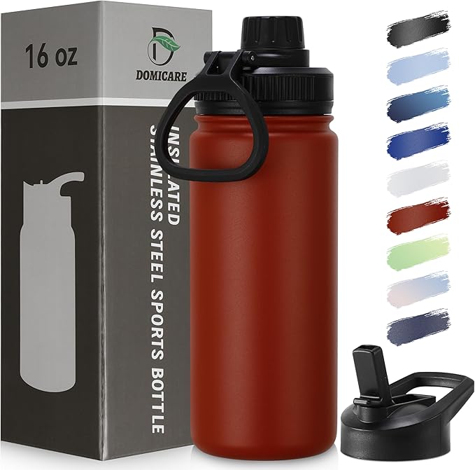 DOMICARE 16 oz Kids Water Bottle for School Stainless Steel Double Wall Vacuum Insulated Water Bottle with Straw lids & Spout Lid, Leakproof BPA Free (Red,1)