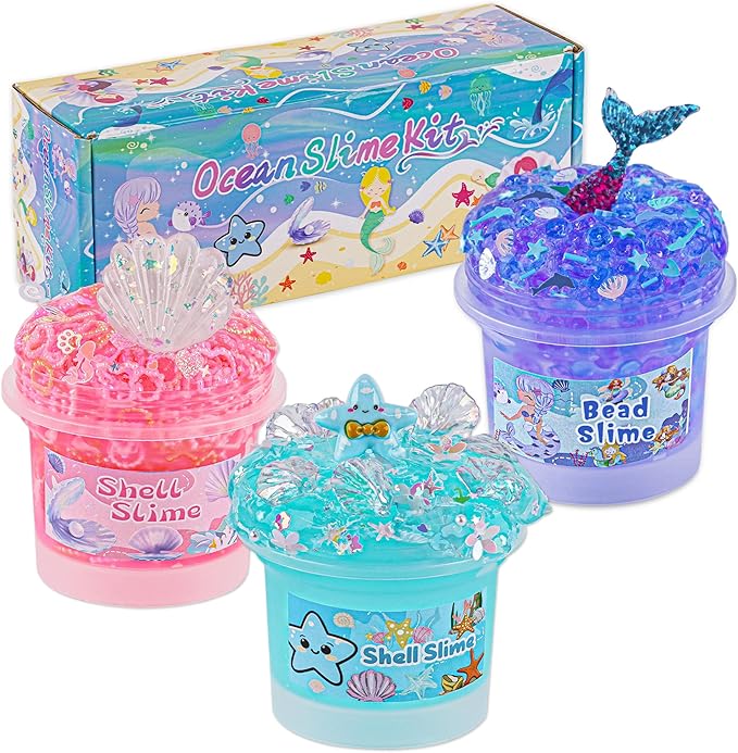 3 x 100mL Ocean Slime Kit for Girls & Boys: Mermaid Bead, Pink Crunchy & Blue Clear Slime, Sensory Experience DIY Slimes Set, Slimes Party Favors for Kids Birthday Easter Halloween Teens Gift