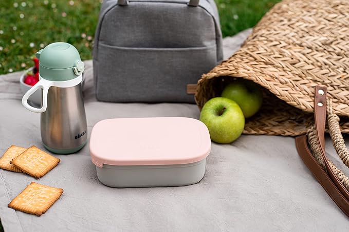 Beaba Stainless Steel Lunch Box, Kids Lunch Box with Silicone Lid, Bento Style Food Containers, Removable Silicone Dividers Make 1-3 Compartments, Rose