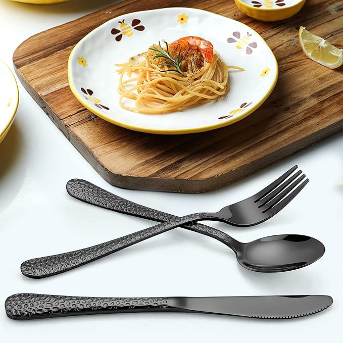 LIANYU 9-Piece Kids Black Silverware Set, Stainless Steel Toddler Utensils, Hammered Metal Flatware Cutlery Set Preschooler, Children Tableware Includes Knives Forks Spoons, Dishwasher Safe