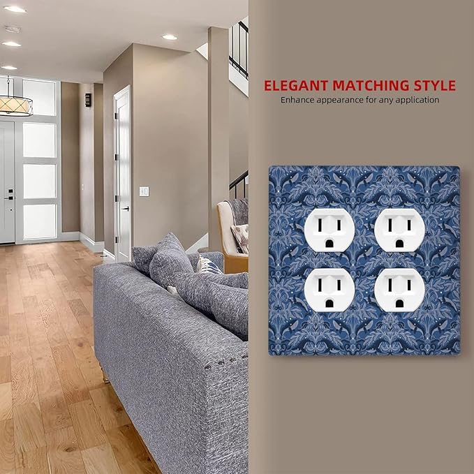 Blue Modern Nautical Art Whale Fish Ocean Damascus Outlet Covers 2 Gang Double Duplex Decorative Light Switch Covers Electrical Wallplates Socket Faceplate for Bedroom Living Room Decor