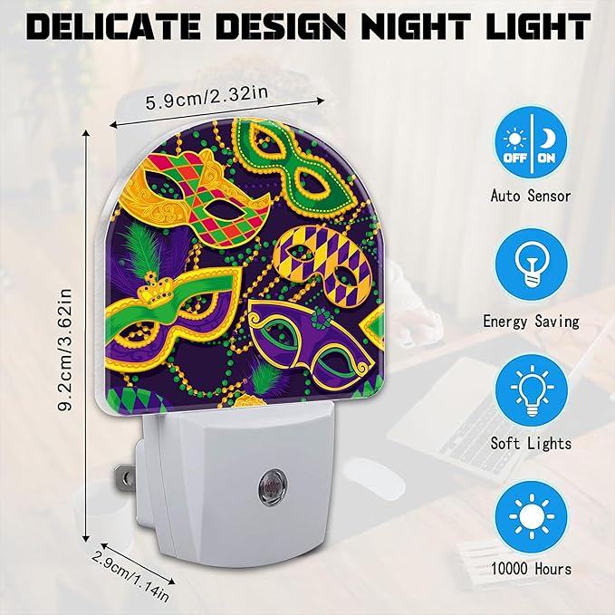 Happy Mardi Gras Night Light for Kids,Colorful Carnival Masks and Beads Plug in Night Light with Dusk to Dawn Sensor, 0.5w Energy Saving Nightlight for Hallway Stairway Kitchen Bedroom