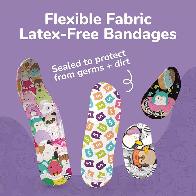 Smart Care Squishmallow Bandage Kit, Cute Bandages for Kids, Infants & Children, Latex-Free, Assorted Variety Pack with Travel Size Tin Case, 100CT