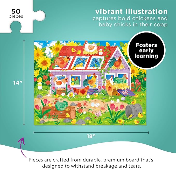 Crocodile Creek 50-Piece Jigsaw Puzzle - Fun Table or Floor Puzzles for Kids Ages 4-6 and Up - Includes Heavy-Duty Shaped Box for Storage - Chicken Coop - 14" x 18" Finished