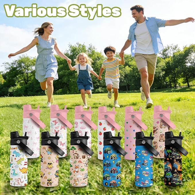 Insulated Water Bottle 18oz, Dinosaur Water Bottle with 2-in-1 Straw and Spout Lid, White Dinosaur Cup Leakproof, Cute Dinosaurs Cup for Dinosaurs Lover, Birthday Gift Ideal for Women Man