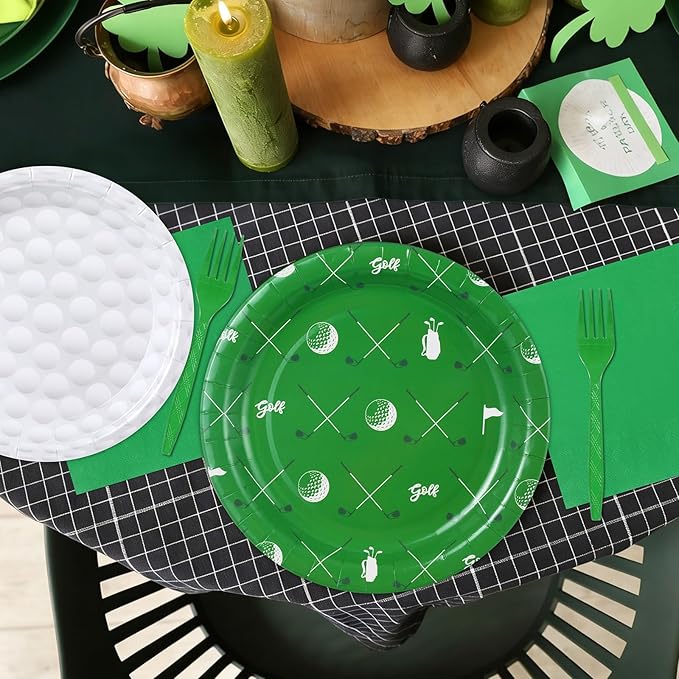 Qyeahkj 100 Pcs Golf Party Supplies Golf Ball Disposable Plates and Napkins Set Green White Sports Themed Paper Plates Dinnerware Kit for Sports Birthday Baby Shower Party Decorations Favors Serve 25