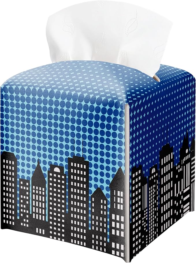 Blue Super Hero City Leather Tissue Box Cover – Tissue Box Holder Square Facial Paper Organizer, Kids Birthday Party Decor & Gift for Bathroom, Super Hero Birthday Party Decorations