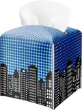 Blue Super Hero City Leather Tissue Box Cover – Tissue Box Holder Square Facial Paper Organizer, Kids Birthday Party Decor & Gift for Bathroom, Super Hero Birthday Party Decorations