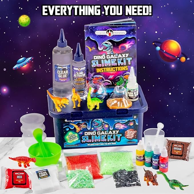 Original Stationery Dinosaur Galaxy Slime Kit for Boys Ages 7-12, DIY Glow-in-The-Dark Slime Set with Glitter & Dinosaur Toys, Fun Space-Themed Craft Activity, Birthday Gift for Kids
