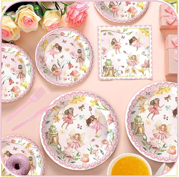 120PCS Fairy Party Supplies for Girls 1st 2rd First Birthday Fairies Enchanted Themed Baby Shower Party Decorations Garden flower Tableware Set Paper Plates Napkins Forks for 20 Guests