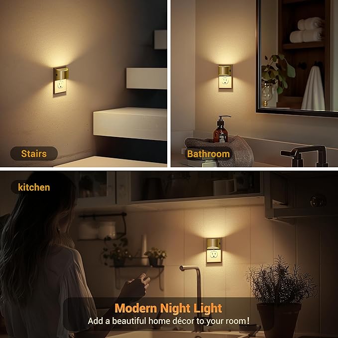 JandCase LED Night Lights Plug into Wall, 2 Pack Gold Modern Night Lights, Dusk to Dawn Sensor Nightlight,0-100LM Brightness Adjustable, 3000K Soft White