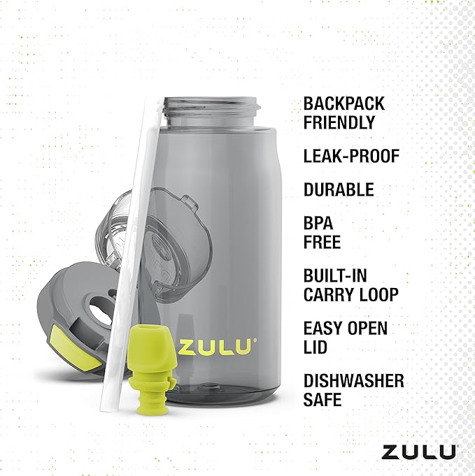 Zulu Kids Flex 16oz Tritan Plastic Water Bottle with Silicone Spout, Leak-Proof Locking Flip Lid and Soft Touch Carry Loop for School Backpack, Lunchbox, and Outdoor Sports, Gray