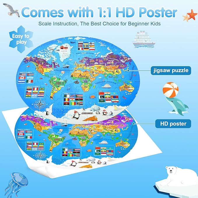 Glow in The Dark World Map Puzzles for Kids 4-6, 70 Pieces Large Globe Floor Puzzles for Kids Ages 6-8 Continents Geography Puzzle Educational Learning Toys for Children, Easter Gifts for Kids