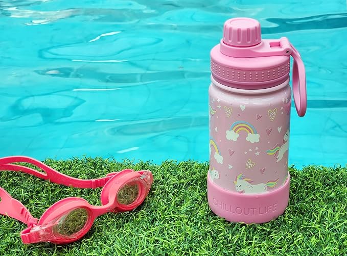 CHILLOUT LIFE 12 oz Kids Insulated Water Bottle for School with Leakproof Spout Lid and Cute Waterproof Stickers, Personalized Stainless Steel Thermos Flask Metal Water Bottle, Pink Unicorn