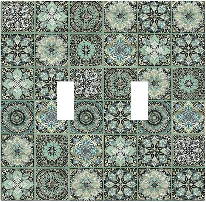Moroccan Mandala Tile Floral Talavera Tiles Decorative Switch Plates 2 Gang Double Toggle Outlet Light Switch Cover Wall Plate Electrical Faceplate for Bathroom Kitchen Decor