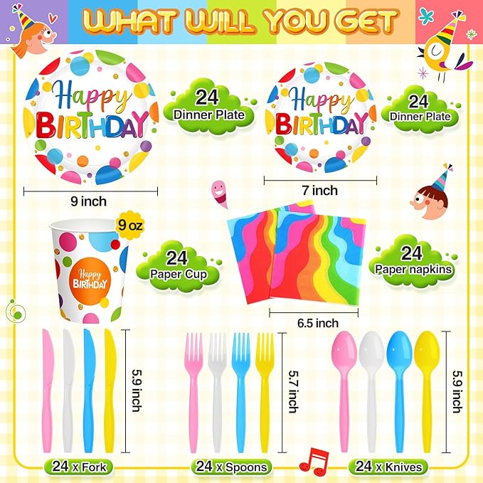 Meanplan Serves 24 Guests Happy Birthday Plates and Napkins Rainbow Polka Dot Birthday Tableware Set Rainbow Dot Party Decorations for Kids Included Cups Knives Forks Spoons Total 168 Pcs