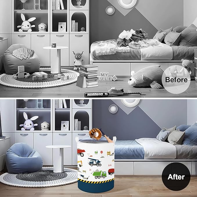 Clastyle Large Construction Truck Kid Laundry Hamper with Handle Boy Bedroom Bathroom Nursery Collapsible Clothes Toy Storage Basket with Lid, Blue Vehicle, 40x50 cm