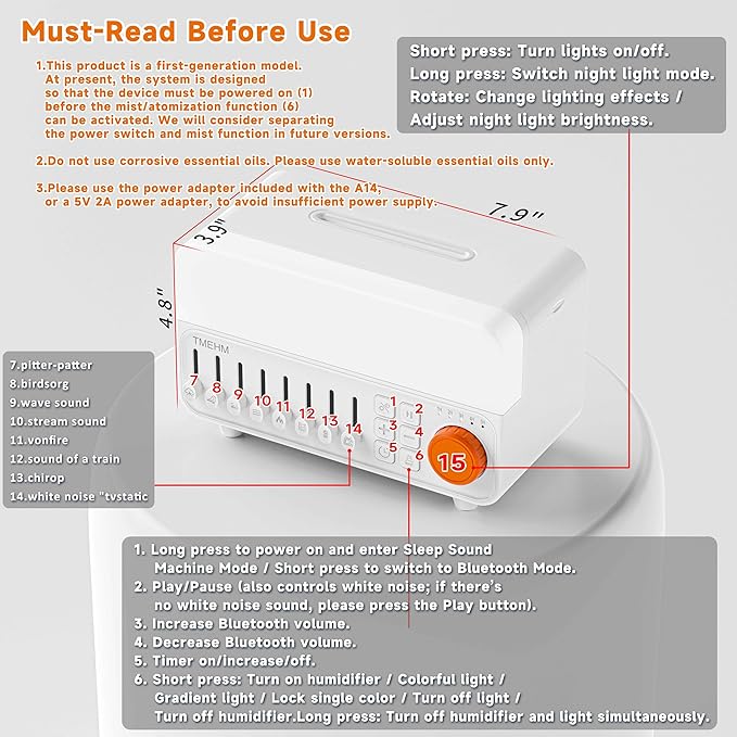 TMEHM 4-in-1 Sleep Sound Machine with White Noise & 8 Nature Sounds, Bluetooth Speaker, Night Light & Aroma Diffuser with Timer for Baby, Kids and Adults (White)