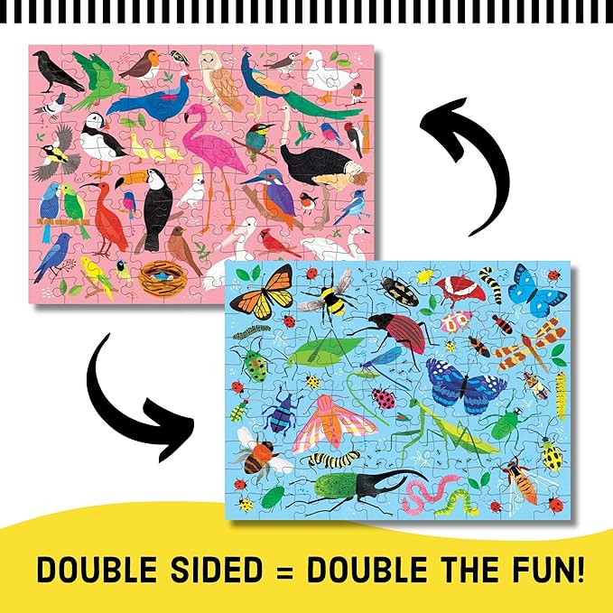 Mudpuppy Bugs and Birds Double-Sided Puzzle, 100 Pieces, 22” x 16.5” – Perfect Family Puzzle for Ages 6+ - Colorful Illustrations of Birds on One Side and Bugs on the Other, Multicolor (0735363749)