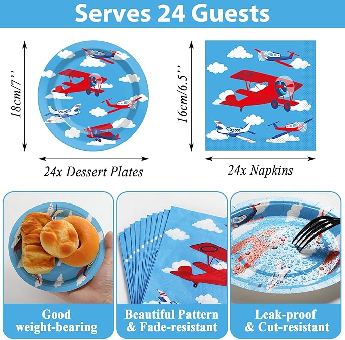 Airplane Birthday Party Supplies Serves 24 Plane Party Paper Plates Napkins Set Airplane Tablecloth Tableware Kit for Baby Shower Decorations Kids Boys Girls