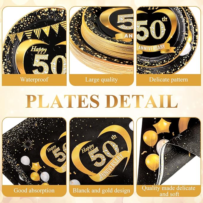 Pickmesh 194 Pcs Black Gold 50th Wedding Anniversary Party Decoration for 24, Happy 50th Anniversary Paper Plates and Napkins Cups Tablecloth Cutlery Set for Employee Career 50 Years Women Men