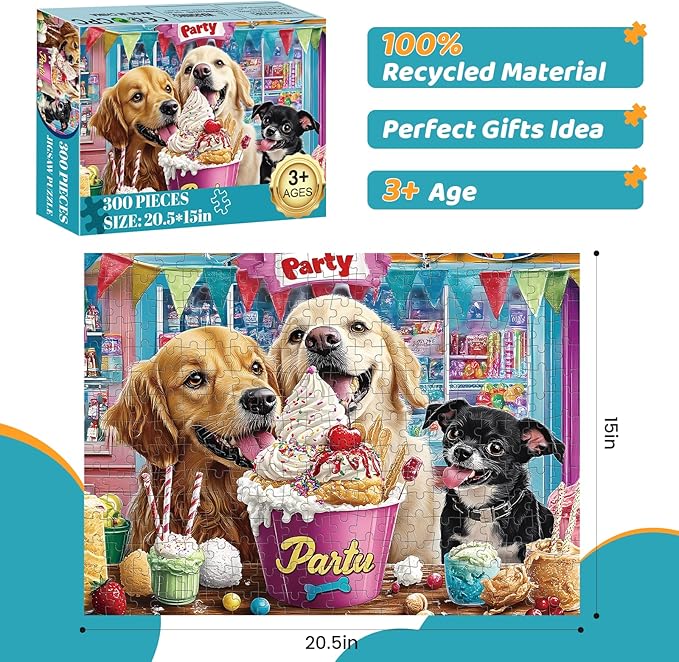 300 Pieces Puzzles for Adults | Dog Birthday Party Jigsaw Puzzles 300 Piece for Children Adults Seniors | Sturdy,Safe | Engaging & Educational Toys Great Gift for Boys Girls 20.5 x 15 in