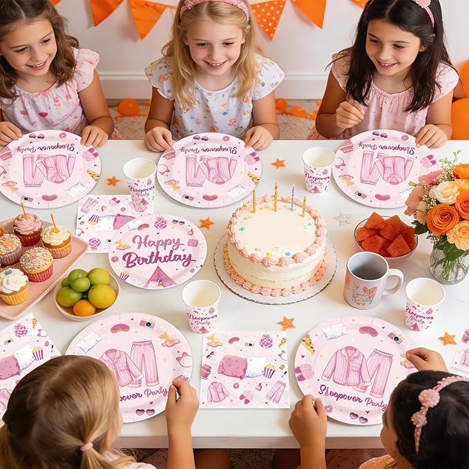 168Pcs Sleepover Party Supplies for Girls Pajama Birthday Plates Napkins Cups Forks Knives Spoons Hot Pink Slumber Spa Paper decor Tableware for Girls Birthday Night Slumber Party Supplies Serves 24