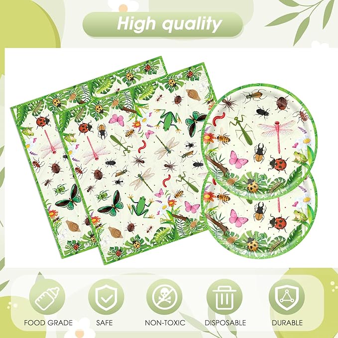 41Pcs Bug Birthday Party Decorations, Kids Garden Insect Explorer Adventure Themed Tableware Set Bug Paper Plates Napkins Tablecloth,for Garden Nature Themed Birthday Baby Shower Insect Party Supplies