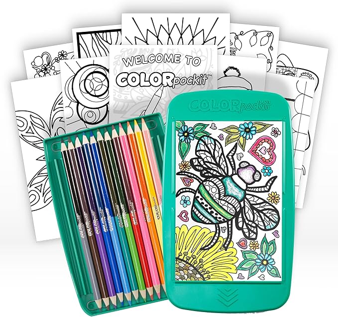 Colorpockit Coloring Kit Travel Art Set with Colored Pencils, 4x6 Coloring Cards, Built in Sharpener, Mess Free Trip Activities for Airplanes or Car, 8.5 x 5, 28 pieces