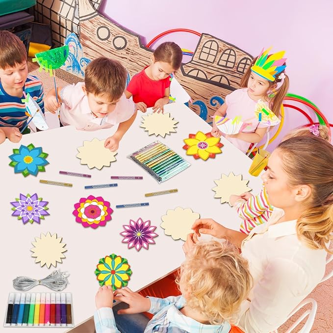 gisgfim 16 Pack Diwali Lotus Flower Wind Chime Crafts Kits for Kids Make Your Own Mandala Wind Chime Wooden DIY Arts and Crafts Decoration for Diwali Party School Classroom Supplies Favors