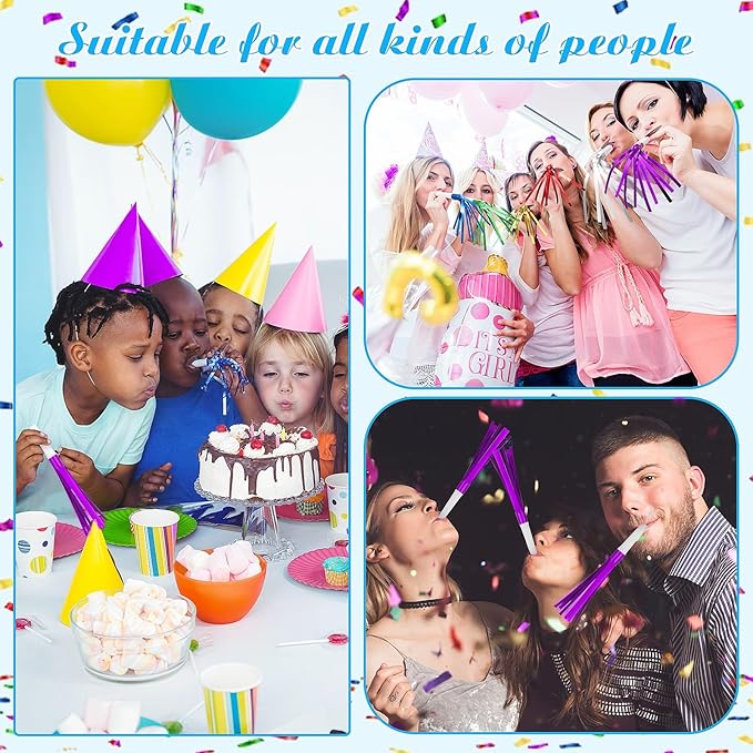 Noise Makers Party Horns, 48 Pack, Purple Metallic Glitter with Fringe, for Birthday, Wedding, New Year