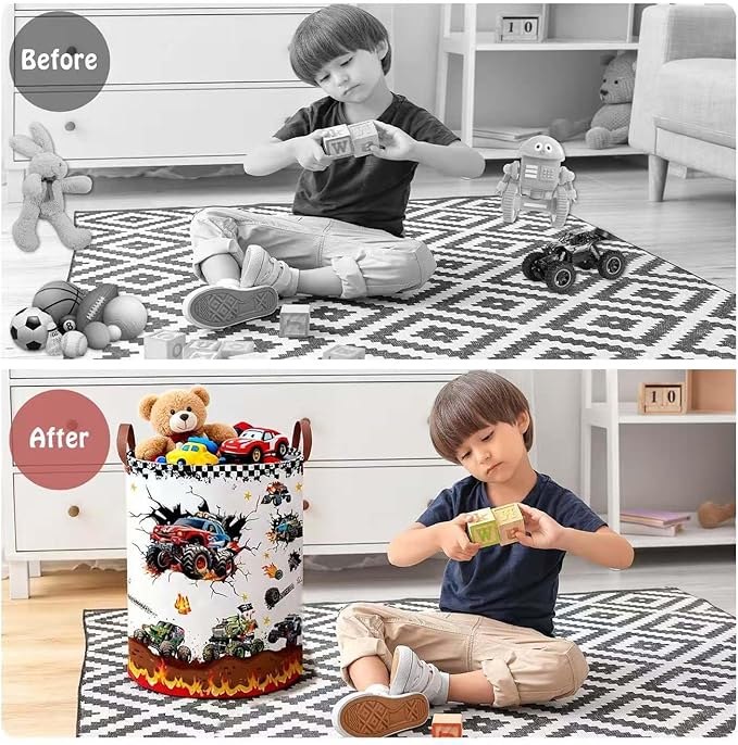 Monster Trucks Storage Basket Laundry Hamper,Collapsible Car Room Decor for Boys,Waterproof Monster Trucks Easter Gift Bag,45L Large Clothes Towel Toy Book Nursery Hamper(Round)