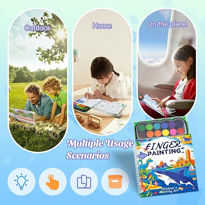 Finger Paint Coloring Book for Kids, Hardcover Travel Finger Paint Kit Include 12 Colors Ink Pad Finger Painting Activity Book, Portable Sensory Activity Develops Creativity, Travel Busy Book for Kids -Ocean World